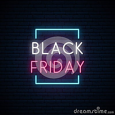 Black Friday neon signboard. Bright sale sign. Vector Illustration