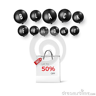 Black friday offer template. Season discount. Black balloons and shopping bag. Vector Vector Illustration