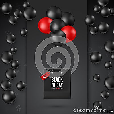 Black Friday Poster with Discount Offer. Black and red balloons with shopping bag. Web banner design. Vector Vector Illustration