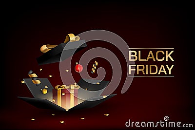 Black friday present, 3d open gift box with golden confetti and toys. Christmas sale banner, gold surprise card Vector Illustration