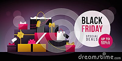 Black friday promotional sale banner with luxury gifts Vector Illustration