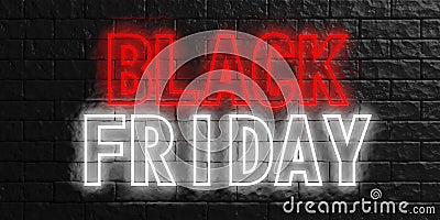 Black Friday in red and white neon letters on black stone wall background. 3d illustration Cartoon Illustration