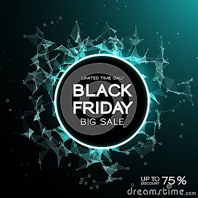 Black Friday sale abstract background. Futuristic technology style. Big data. Design with plexus. Cartoon Illustration