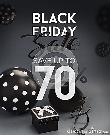 Black Friday sale banner, with black balloons. Stock Photo