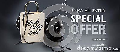 Black Friday sale banner containing recycled paper bag decorated with black satin ribbon, and black balloons. Stock Photo