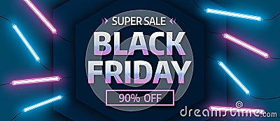 Black friday sale banner. Glowing neon background. Vector illustration Vector Illustration