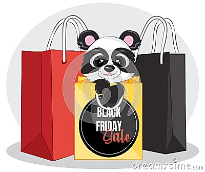 Black friday sale banner with black panda and shopping bag Vector Illustration