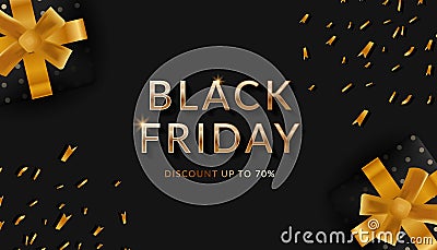 black friday sale. banner, poster, gold text shiny, and black gift box with gold bow ribbon Vector Illustration