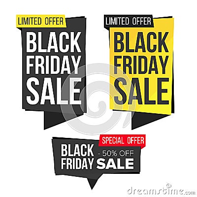 Black Friday Sale Banner Set Vector. Discount Banners. Friday Sale Banner Tag. Black Price Tag Labels. Isolated Vector Illustration