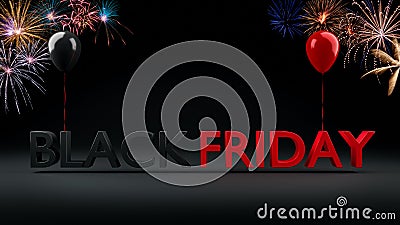 Black Friday Sale Banner with shiny balloons and bursting firework, 3D-Illustration Stock Photo