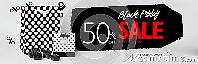 Black Friday sale banner, with small black gift-boxes, and black and white gift-bags with polka dots. Stock Photo