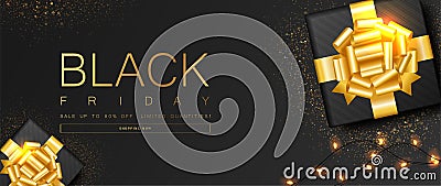 Black Friday sale banner. Sparkling lights with gift boxes, and glitter gold design on black background. Top view. Vector Illustration