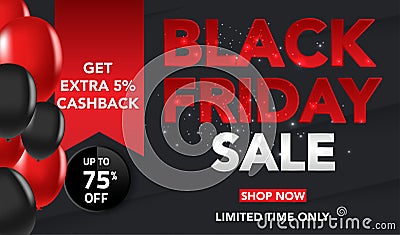 Black Friday Sale banner template background with red and black ballons and conffeti. Special offer. end of season, Template for b Vector Illustration