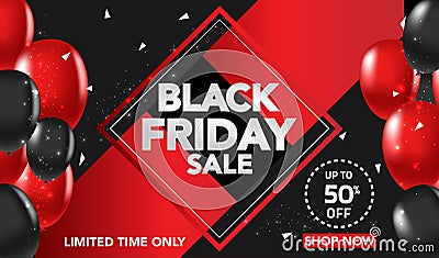 Black Friday Sale banner template background with red and black ballons and conffeti. Special offer. end of season, Template for b Vector Illustration