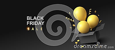 Black friday sale design template. Open black gift box with yellow flying balloon, yellow swirl long ribbons and confetti. Vector Illustration