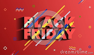 Black Friday. Sale and discounts fashion banner. Background with colored lines. A bright template in the memphis style. An inscrip Cartoon Illustration