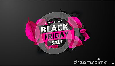 Black Friday. Sale and discounts flat trendy banners. Black friday calligraphy in square with black and pink leaves in the backgr Vector Illustration