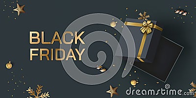 Black friday sale, gift box. Gold christmas present, 3d luxury birthday event coupon, noel render. Web banner background Vector Illustration