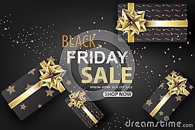 Black Friday sale with Gift box on gold glitter background banner.Creative paper cut and craft Minimal Top view style.Festival Vector Illustration