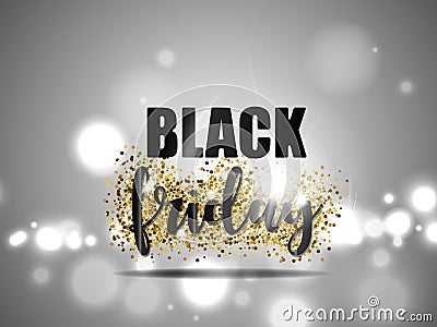 Black friday sale with gold glitter and light effect on silver background. Vector illustration. Stock Photo