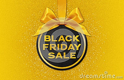 Black Friday sale golden text write on black gift card ball with ribbon bow, isolated on gold background Stock Photo