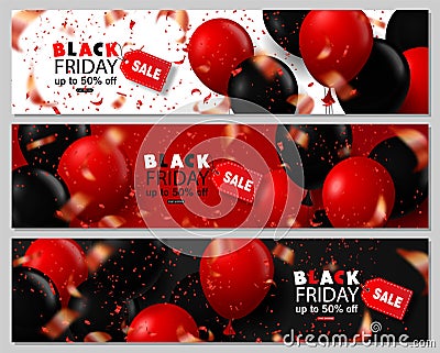 Black Friday Sale Horizontal Banners Set. Flying Glossy Balloons on White,Black and Red Background. Falling Confetti and Vector Illustration