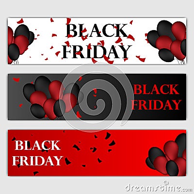 Black Friday Sale Horizontal Banners Set. Flying Glossy Balloons on White and Red Background. Falling Confetti and Vector Illustration