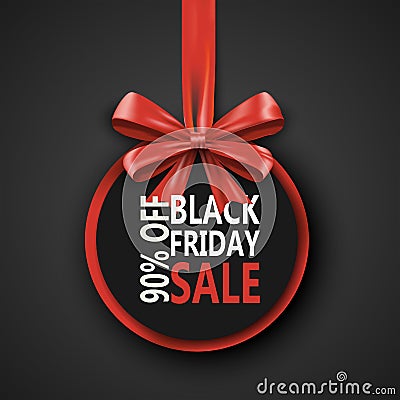 Black Friday sale inscription design template. Black Friday banner with bow ribbon. Discount 90 special off design Vector Illustration