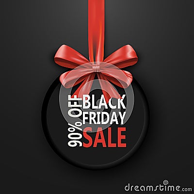 Black Friday sale inscription design template. Black Friday banner with bow ribbon. Discount 90 special off design Vector Illustration