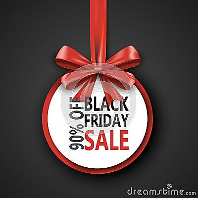 Black Friday sale inscription design template. Black Friday banner with bow ribbon. Discount 90 special off design Vector Illustration