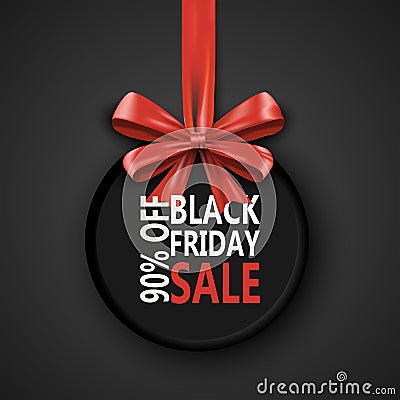 Black Friday sale inscription design template. Black Friday banner with bow ribbon. Discount 90 special off design Vector Illustration