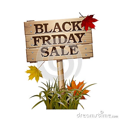 Black Friday sale lettering on Wooden sign Vector Illustration