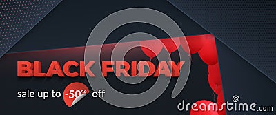 Black friday sale 2019, limited offer. Beautiful discount and promotion banner. 3d inscription, ribbons and red balloons on a dark Vector Illustration