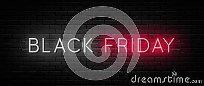 Black Friday sale. Black Friday neon sign on brick wall background. Glowing white and red neon text for advertising Vector Illustration