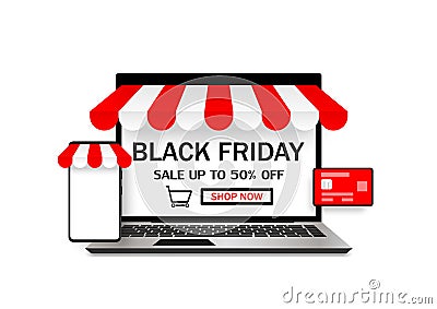 Black Friday sale. Online shopping concept. Laptop screen, Phone mobile, with shop and credit card isolated on white background. Vector Illustration