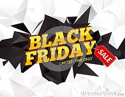 Black Friday sale polygonal background. Discounts promotion banner or flyer. Black friday marketing card poster. 3D Vector Illustration