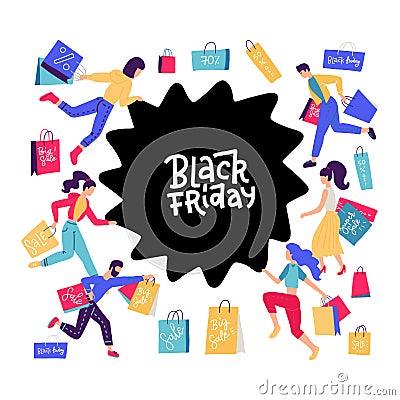 Black friday sale poster, banner design template. Running male, female shoppers with paper bags abstract white frame Vector Illustration