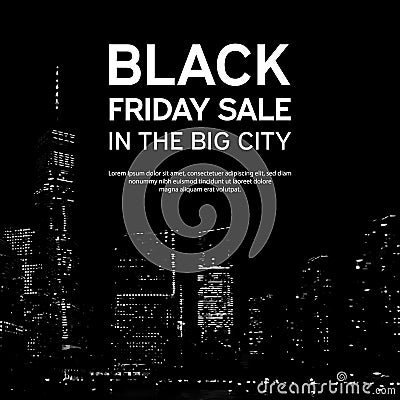 Black Friday Sale Poster on Big City Background. New York. Vector illustration Cartoon Illustration