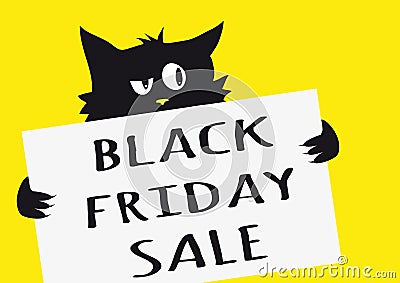 Black friday sale poster with black cat on yellow background Vector Illustration