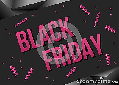 Black Friday sale poster template with pink ribbons serpentine Vector Illustration