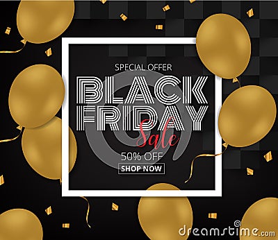 Black Friday Sale promotion Poster with Gold Balloons on Black Vector Illustration