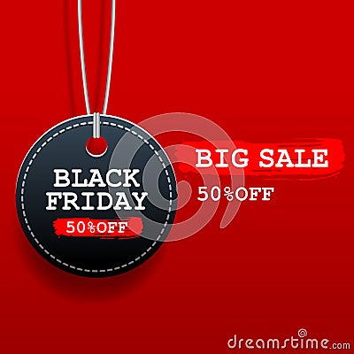 Black friday sale round tag with discount on red background Vector Illustration