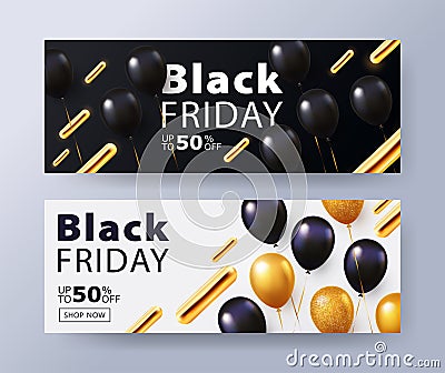 Black Friday Sale set of banners, posters, flyers, design with balloons and 3d geometric dynamic golden shapes Vector Illustration