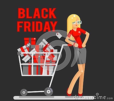 Black friday sale shop cart shopping woman purchase gift flat design character vector illustration Vector Illustration