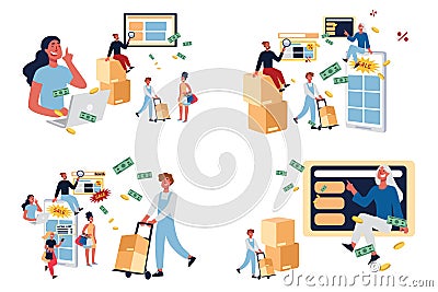 Black friday sale, shopaholics paradise, shoppers using discount offers, buyers, customers ordering products online Vector Illustration