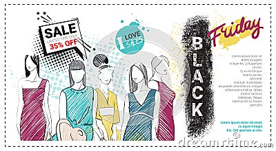 Black Friday Sale Template Brochure With Hand Drawn Fashion Models And Copy Space, New Collection Of Clothes Discounts Vector Illustration