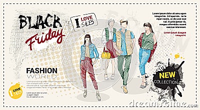 Black Friday Sale Template Brochure With Hand Drawn Fashion Models And Copy Space, New Collection Of Clothes Discounts Vector Illustration