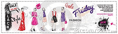 Black Friday Sale Template Horizontal Banner With Hand Drawn Fashion Models And Copy Space, New Collection Of Clothes Vector Illustration