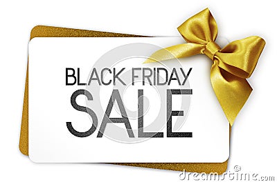 Black Friday sale text write on white gift card with golden ribbon bow Stock Photo