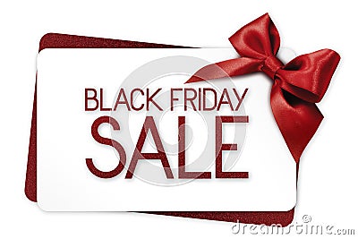 Black Friday sale text write on white gift card with red ribbon Stock Photo